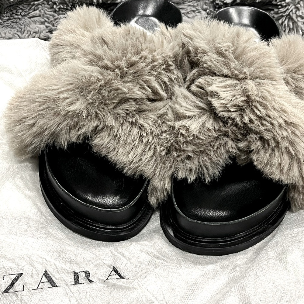 Zara Shoes | Zara Grey Faux Fur Low Platform Slides